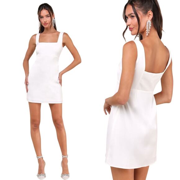 Lulus Truly the Cutest White Satin Square Neck Mini Dress size Small NWT - Picture 1 of 5